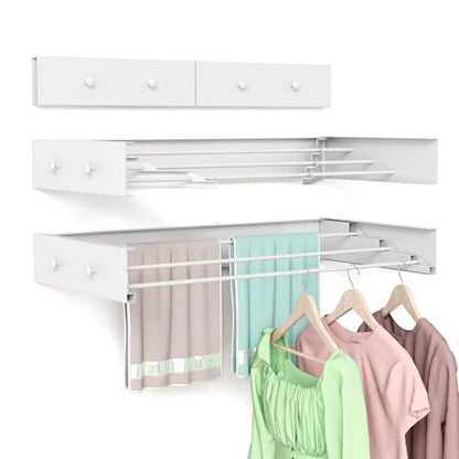 Wall Mounted Drying Rack for Laundry 19.8'', Folding Drying Rack Clothing Wall Mount with 3 Rods and 4 Hooks, Space Saving for Indoor Outdoor Bathroom Balcony (White, 19.8'') - size: 19.8''【4 Hooks】