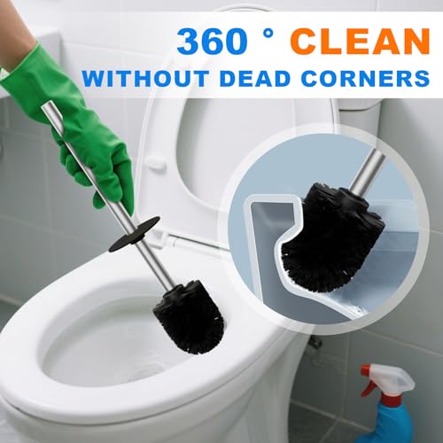 04 Stainless Steel Toilet Bowl Cleaner Brush and Holder Set | Brushed Bathroom Toilet Brush, Floor-Standing Circular Base, Long Handle, Heavy-Duty with 2 Brush Heads - color: H-brushed