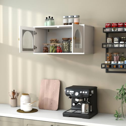 White Wall Mounted Cabinet, Glass Door Floating Bathroom Kitchen Organizer | Heavy-duty premium tempered glass panelling、Fixed internal shelves for wobble-free stability