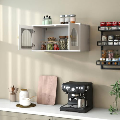White Wall Mounted Cabinet, Glass Door Floating Bathroom Kitchen Organizer | Heavy-duty premium tempered glass panelling、Fixed internal shelves for wobble-free stability