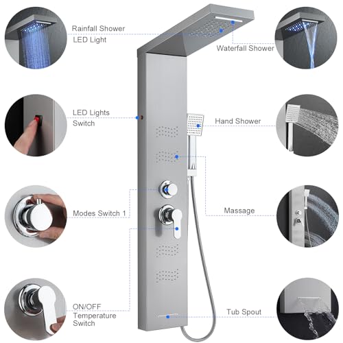 Shower Panel Tower System with LED Lights, Stainless Steel 5 in 1 Shower Panel with Rainfall Waterfall Shower Head, Body Spray, Handheld Shower, Tub Spout (Brushed) - color: Brushed Nickel -Wave Body Spray