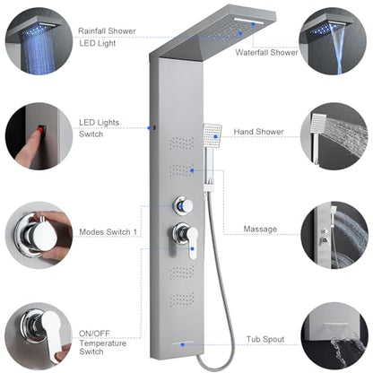 Shower Panel Tower System with LED Lights, Stainless Steel 5 in 1 Shower Panel with Rainfall Waterfall Shower Head, Body Spray, Handheld Shower, Tub Spout (Brushed) - color: Brushed Nickel -Wave Body Spray