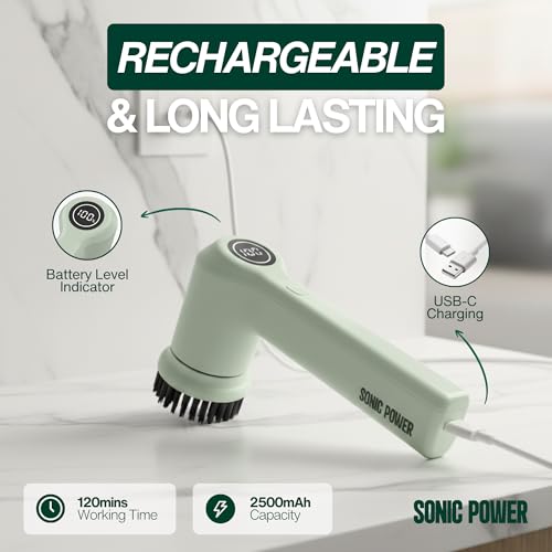 SonicPower Electric Spin Scrubber – Handheld & Ergonomic, IPX7 Waterproof, 4 Multi-Purpose Brush Heads, Long-Lasting Rechargeable Battery – Cleans Dishes, Bathroom, Tile, Grout & Kitchen (Sage) - color: Sage