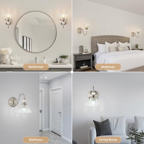 1 Piece Brushed Nickel Finish Wall Sconce, 1-Light Modern Wall Sconce with Hanging Crystal Accents and Flower-Shaped Clear Shades for Bathroom Bedroom Living Room,Modern Vanity Light - color: Nickel, size: 1-Light
