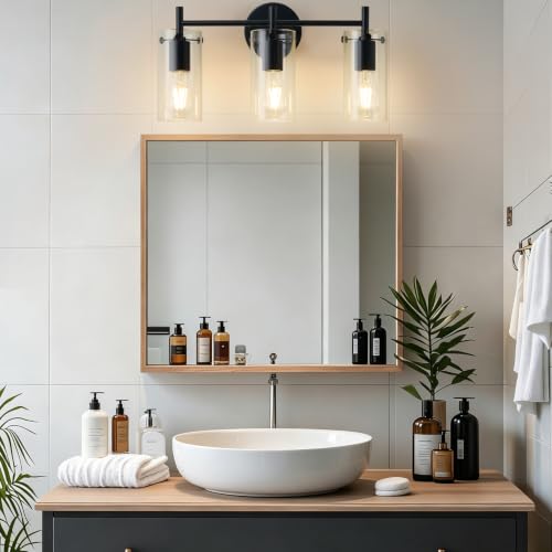 Indoi Bathroom Light Fixtures, 3-Light Matte Black Vanity Light, Black Bathroom Lights Over Mirror with Clear Glass Shade, Wall Sconces for Mirror Bedroom Living Room Hallway - color: Matte Black