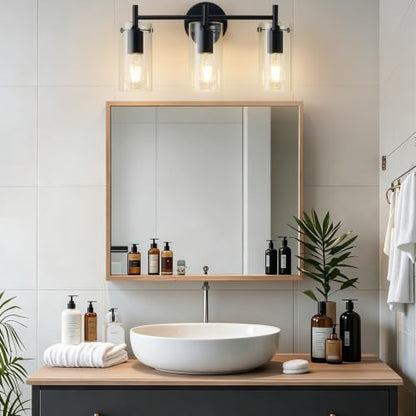 Indoi Bathroom Light Fixtures, 3-Light Matte Black Vanity Light, Black Bathroom Lights Over Mirror with Clear Glass Shade, Wall Sconces for Mirror Bedroom Living Room Hallway - color: Matte Black
