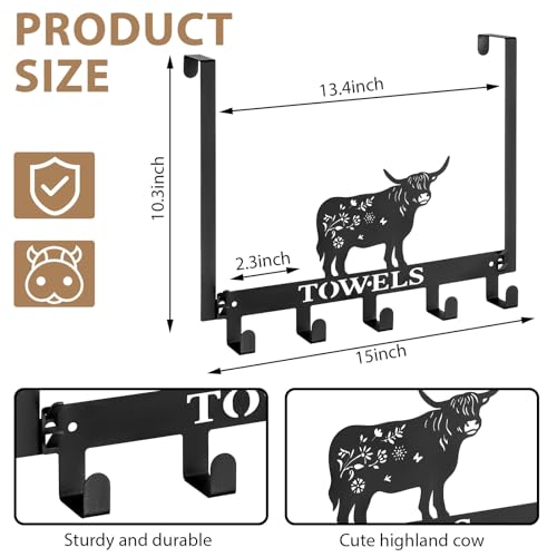 Highland Cow Over The Door Hooks Wall Mount Towel Rack Heavy Duty Hanging Towel Holder Metal Highland Cow Decor for Bathroom Bedroom Kitchen Storage Decorative - style: Highland cow