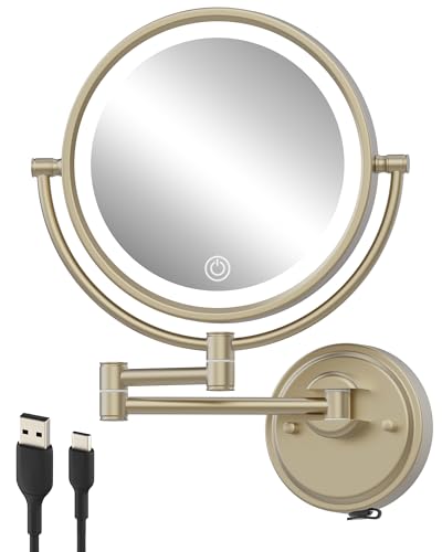 10" Lighted Wall Mount Magnifying Mirror Rechargeable, Satin Brushed Gold | 1X/5X Double-Sided Bathroom Makeup Vanity, 3 Color Lighting Touch Dimmable, 360 Rotation Extended Swing Arm, Brass Frame - color: Satin Brushed Gold