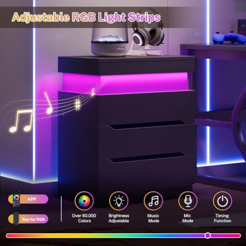 Night Stand with 3 Drawers, Nightstand with App-Controlled Adjustable LED Light, Bedside Table with Slidable Hidden Storage Space, Modern Nightstands for Bedroom,Black - color: Unbzx032hd-zf