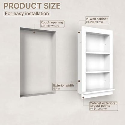 Recessed Medicine Cabinet with Shelves – in-Wall Medicine Cabinet Organizer for Bathroom, Kitchen or Bedroom – Modern White Niche Storage Cabinet 14x24