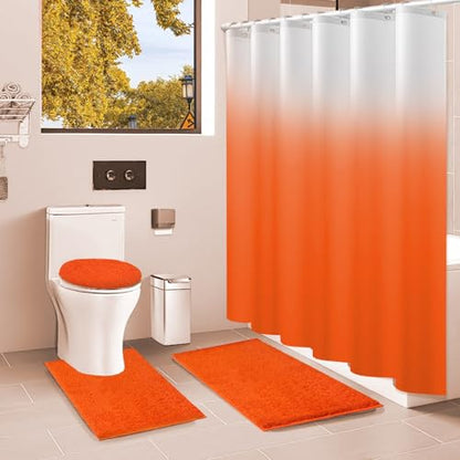Shower Curtain Sets with Rugs and Adjustable Toilet Seat Cover | 4 Pcs Orange Bathroom Sets with Shower Curtain and Rugs and Microfiber Toilet Lid Cover - color: Orange