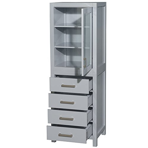 Wyndham Collection Sheffield 24 inch Linen Tower in Gray with Shelved Cabinet Storage and 4 Drawers - color: Gray With Brushed Chrome Trim