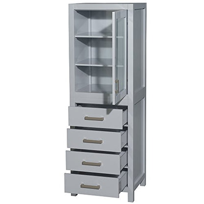 Wyndham Collection Sheffield 24 inch Linen Tower in Gray with Shelved Cabinet Storage and 4 Drawers - color: Gray With Brushed Chrome Trim