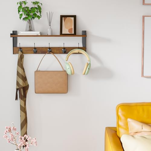 Coat Rack with Wall Mount, 23 Inch Long Entryway Wall Shelf with Hooks, Wood Hanger with Storage Shelf for Bathroom, Hallway, Rustic Brown - size: 23 inch Long