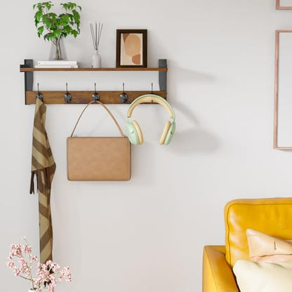 Coat Rack with Wall Mount, 23 Inch Long Entryway Wall Shelf with Hooks, Wood Hanger with Storage Shelf for Bathroom, Hallway, Rustic Brown - size: 23 inch Long