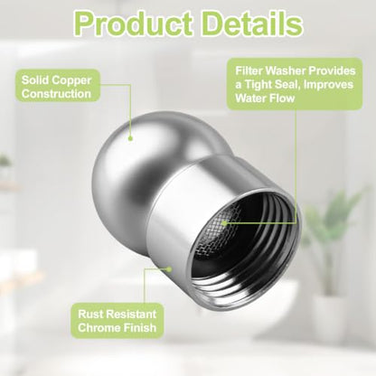 2pcs 1/2 Inch Shower Arms Ball Adapters with Gasket Washer Filters, Adjustable Pivot Ball to Adjust Showerhead Angle for Standard Swivel Heads
