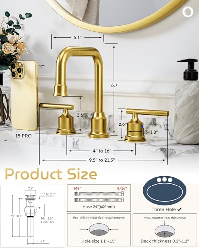 WOWOW Gold Bathroom Faucet 3 Hole, Widespread Vanity Sink Faucets 8 Inch | Copper Inlet Faucet for Bathroom Sink with Swivel Spout, 2 Handles Lavatory Tap with Drain and cUPC Supply Line (Set of 2) - color: Brushed Gold x 2, style: Upgrade-8 Inch