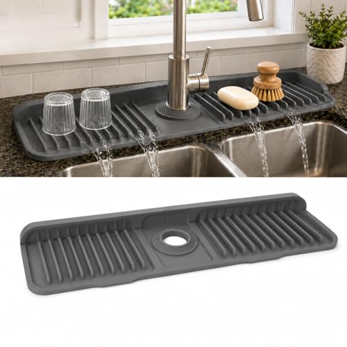 23" Extra Long Silicone Faucet Handle Drip Catcher Tray,7° Sloped Self Draining Mat with Snap-on Design & Soap Holder, Trim-to-Fit Opening,Sink Splash Guard for Kitchen & Bathroom(Dark Gray) - color: Dark Gray, size: 23" x 5.5"