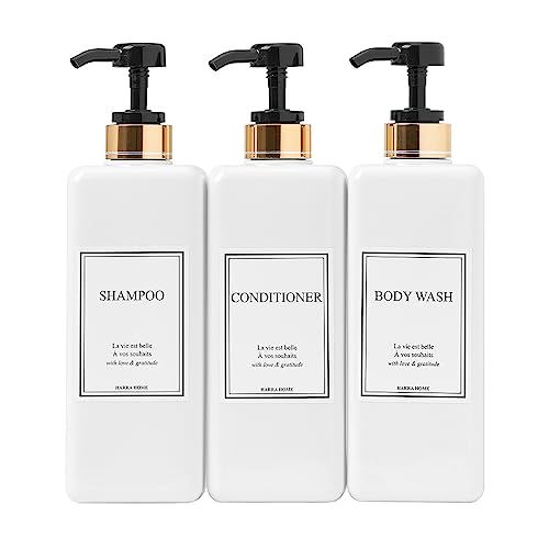 Modern Gold Design Shampoo and Conditioner Dispenser - Large 27oz Shower Soap Dispenser, Set of 3 Refillable Empty Plastic Pump Bottles for Bathroom and Body Wash (6 Waterproof Labels Included), Black - color: Black