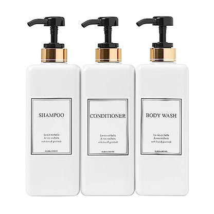 Modern Gold Design Shampoo and Conditioner Dispenser - Large 27oz Shower Soap Dispenser, Set of 3 Refillable Empty Plastic Pump Bottles for Bathroom and Body Wash (6 Waterproof Labels Included), Black - color: Black