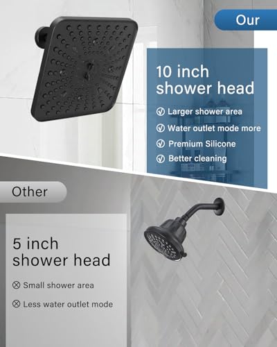 Square Shower Head, 6 Spray Modes High Pressure 10 Inch Black Shower heads, Rainfall & Massage Anti-Clog Nozzles Easy-Clean Surface for Spa Experience, Large Shower Head - color: Matte Black