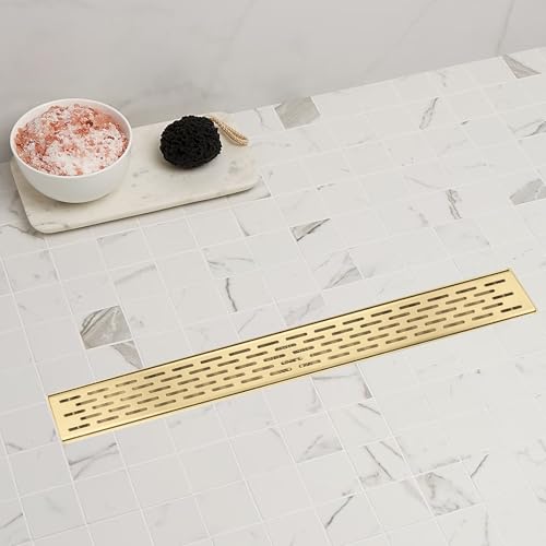 Sharp-tec Shower Drain, 32 inch Linear Shower Drain, Gold 304 Stainless Steel Rectangular Shower Floor Drain with Adjustable Leveling Feet, Hair Strainer, cUPC Certified, ST-096-32G - color: Gold, size: 32 inch