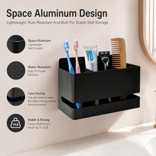 Black Aluminum Wall Mount Toothbrush Holder, 3 Slot No Drill Bathroom Organizer with Drain Holes, Holds Toothpaste Shaver Comb Multipurpose Household Storage Rack for Bathroom Kitchen Use