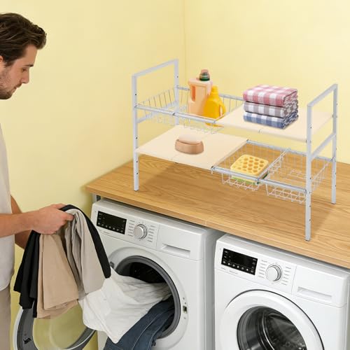 2-Tier Under Sink Organizer, Adjustable 20.9-34.6 Inch, Stainless Steel Cabinet Shelf with 4 Baskets, Cream White (Cream White) - color: Cream White
