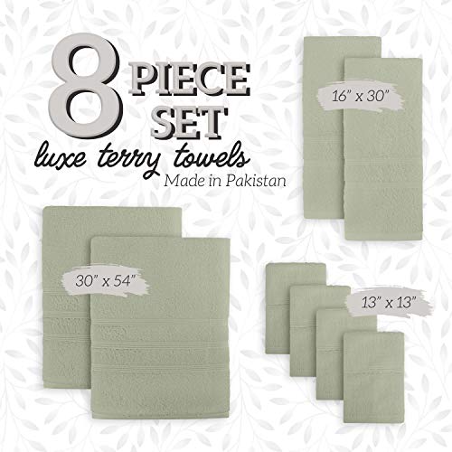 Luxury 8 Piece Cotton Towel Set - Soft Absorbent Bath Towels, Hand Towels & Washcloths for Bathroom - Plush Hotel Quality 100% Cotton, Extra Large Bath Towels (Green)