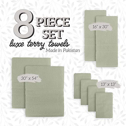 Luxury 8 Piece Cotton Towel Set - Soft Absorbent Bath Towels, Hand Towels & Washcloths for Bathroom - Plush Hotel Quality 100% Cotton, Extra Large Bath Towels (Green)