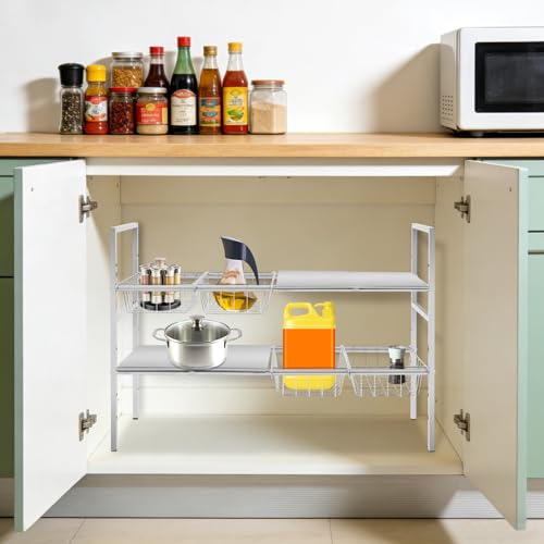 2-Tier Under Sink Organizer, Adjustable 20.9-34.6 Inch, Stainless Steel Cabinet Shelf with 4 Baskets, Cream White (Silver) - color: Silver