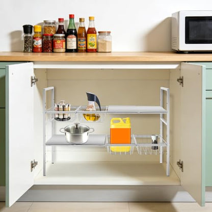 2-Tier Under Sink Organizer, Adjustable 20.9-34.6 Inch, Stainless Steel Cabinet Shelf with 4 Baskets, Cream White (Silver) - color: Silver