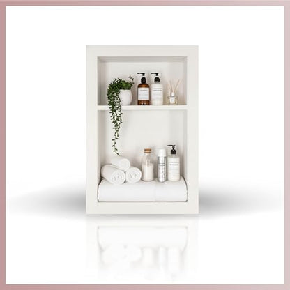16" X 24" White Marble Shower Niche for Bathroom Shelf | Recessed Wall Insert | Rectangular 2 Shelves Storage Bathroom Organizer | No Tiles Needed (Pure White)