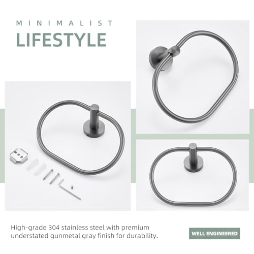 Angle Simple Swivel Towel Ring, Hand Towel Hanger, Gunmetal Gray | SUS304 Stainless Steel, Oval Washcloth Holder for Bathroom Kitchen Laundry, Smooth Swing, Screw Wall Mount - color: Oval - Gray