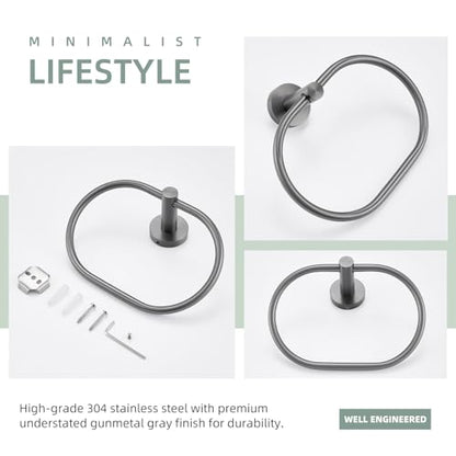 Angle Simple Swivel Towel Ring, Hand Towel Hanger, Gunmetal Gray | SUS304 Stainless Steel, Oval Washcloth Holder for Bathroom Kitchen Laundry, Smooth Swing, Screw Wall Mount - color: Oval - Gray