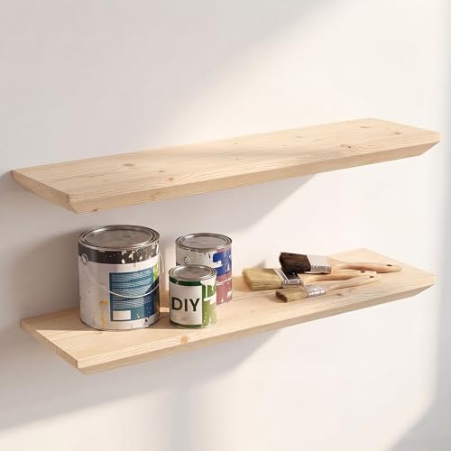 Acovy 36in Solid Spruce Wood Floating Shelves with Beveled Bottom Edges, Wooden Floating Shelf with Heavy-Duty Bracket for Living Room Bathroom Bedroom Kitchen, Rustic Natural, DIY Available, 2 Packs - color: Rustic Natural, size: 36"-2 Packs