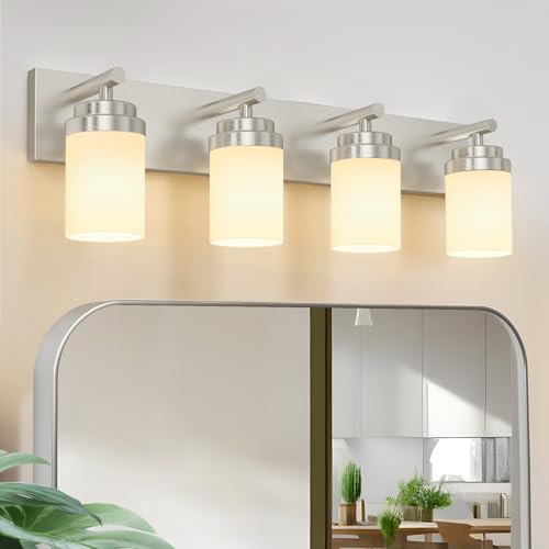 IZORRO Bathroom Vanity Light Fixture, 4-Light 30 Inch Brushed Nickel Bathroom Light Fixtures Over Mirror, with White Glass Shade, Modern Farmhouse Vanity Lights, Rustic Restroom Lighting Fixtures - color: Nickel-White Glass Shade, size: 30 inch-4-Light