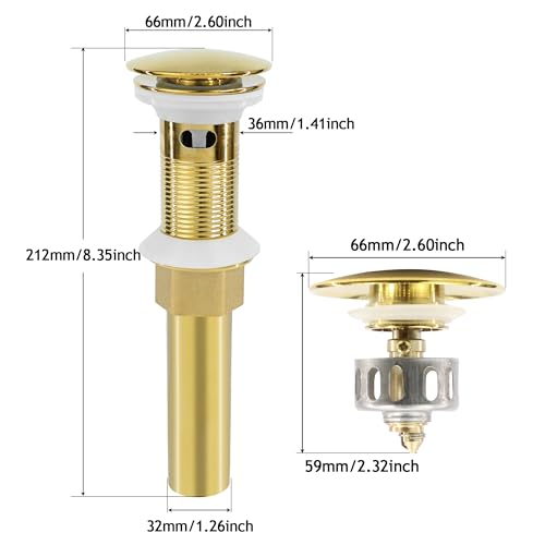 Bathroom Sink Drain, 2 Pack Gold Drain Stopper with Overflow,Pop Up Drain Assembly with Detachable Strainer Basket,Built-in Anti-Clogging Strainer,Stainless Steel - color: 2 Pack-gold-big Cap, style: With Overflow
