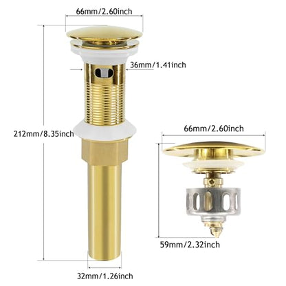 Bathroom Sink Drain, Gold Drain Stopper Bathroom Sink with Overflow,Pop Up Drain Assembly with Detachable Strainer Basket,Built-in Anti-Clogging Strainer,Stainless Steel Gold - color: Gold-big Cap, style: With Overflow