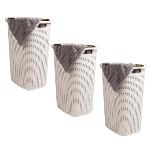 Mind Reader Slim Laundry Hamper with Lid, 60L Tall Clothes Baskets, Narrow Tapered Design for Bathrooms Closets and Laundry Rooms, Plastic, 3 Pack, Ivory - color: Ivory