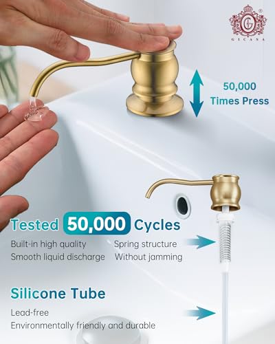 Built in Deck Mount Liquid Lotion Kitchen Countertop Metal Soap Dispenser, Brushed Gold Brass Dispenser Pump with 500ml (17oz) High Capacity Bottle - color: Brushed Gold, size: Without Hose