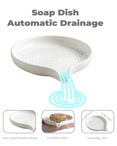 Zoeeker Self Draining Soap Dish, Ceramic Drain Soap Holder Waterfall Design | Bar Soap Dish with Drainage Round Kitchen Soap Saver for Shower, Bathroom, Sink, Kitchen and Countertop, Keeps Dry, White - color: White, size: Round