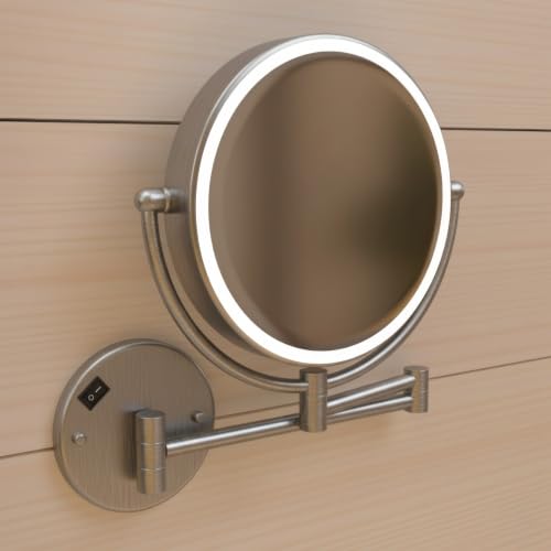 Whitehaus Wall-Mounted LED Magnifying Mirror – 8” Dual-Sided Mirror with 7X Zoom, Extendable Arm, Touch-Activated Light, Brushed Nickel - color: Brushed Nickel