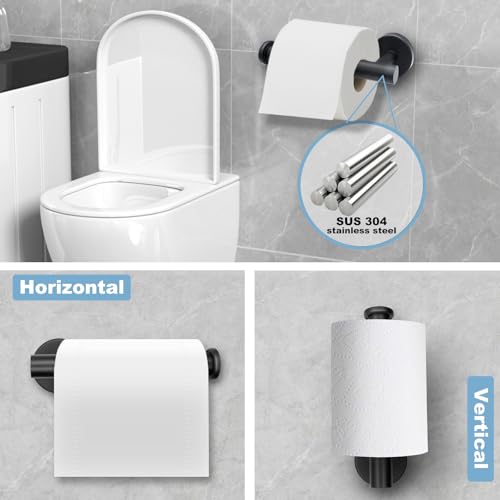 Matte Black Bathroom Hardware Set - Stainless Steel Wall-Mounted Toilet Paper Holder, Towel Ring & 2 Handy Hooks for Modern Bathroom Accessories | Rust-Resistant Towel Hook Set with Easy Installation