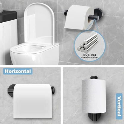 Matte Black Bathroom Hardware Set - Stainless Steel Wall-Mounted Toilet Paper Holder, Towel Ring & 2 Handy Hooks for Modern Bathroom Accessories | Rust-Resistant Towel Hook Set with Easy Installation