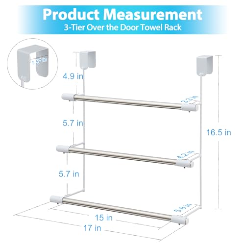 Over The Door Towel Racks for Bathroom, No-Drill Behind Door Organizer, 3-Tier Metal Towel Holder, Glass Shower Room Door Hanger Towel Bar for Hanging, Drying, Renter Friendly Space Saver, Anti-Rust