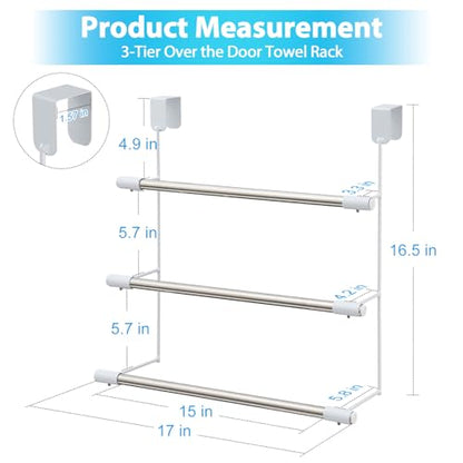 Over The Door Towel Racks for Bathroom, No-Drill Behind Door Organizer, 3-Tier Metal Towel Holder, Glass Shower Room Door Hanger Towel Bar for Hanging, Drying, Renter Friendly Space Saver, Anti-Rust