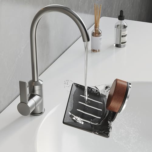 Soap Dish, Walnut and Stainless Steel, Soap Bar Holder for Shower Suction Cup Wall Mounted, No-Drilling Waterproof Sponge Holder (White)
