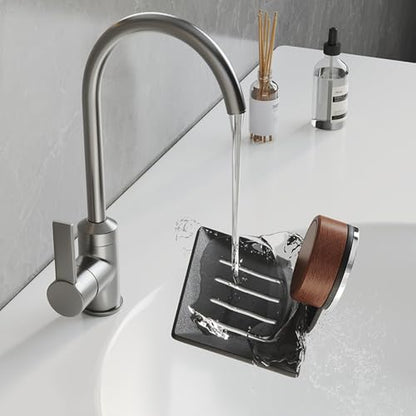 Soap Dish, Walnut and Stainless Steel, Soap Bar Holder for Shower Suction Cup Wall Mounted, No-Drilling Waterproof Sponge Holder (White)