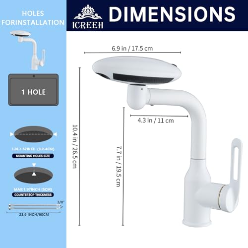 Bathroom Sink Faucet 1 Hole, White Multifunctional Basin Faucet with 4 Water Outlet Modes, Modern 360°Rotatable Bar Tap with Two Water Supply Pipes - color: White